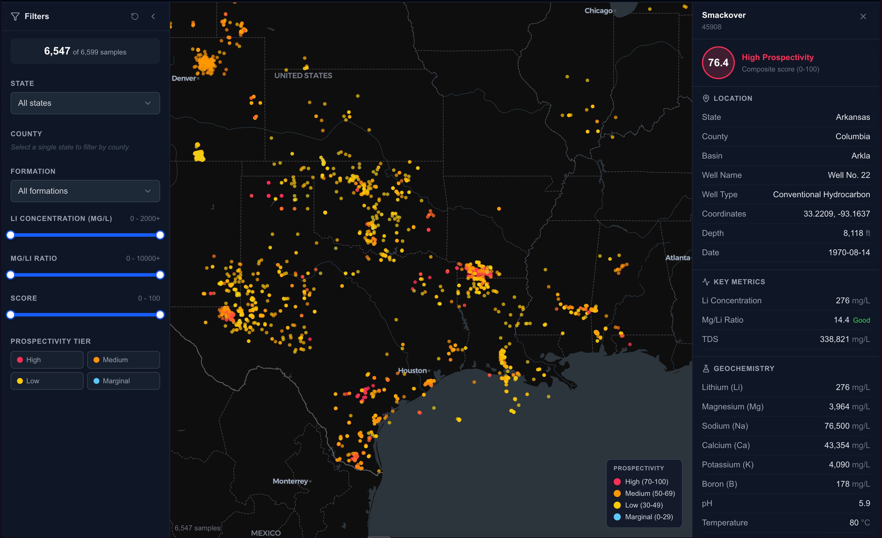 LithiumProspect.com map interface showing prospectivity scoring across the Gulf Coast region